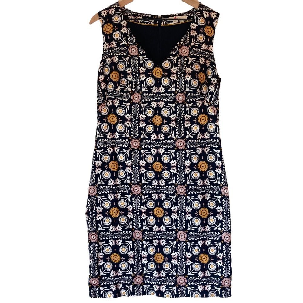 Boden Sleeveless V Neck Dress Medium Weight Fabric Navy Pink Yellow Women’s Sz 8